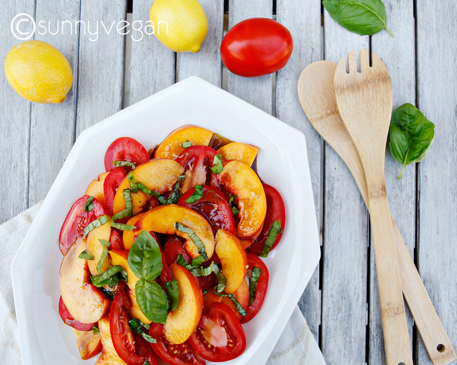 healthy and easy peach tomato salad with lemon balsamic and basil