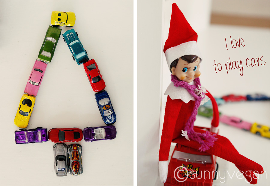 elf on the shelf ideas, with hot wheels cars as a tree