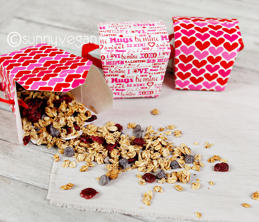 homemade granola for valentines day with chocolate and cranberries, healthy and vegan
